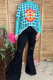 T-shirt suppliers Blue checkered & aztec printed short sleeve women tops XCH12304 (FS12)