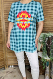 T-shirt suppliers Blue checkered & aztec printed short sleeve women tops XCH12304 (FS12)