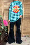 T-shirt suppliers Blue checkered & aztec printed short sleeve women tops XCH12304 (FS12)