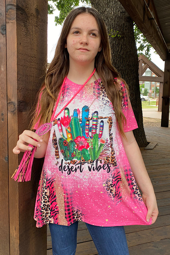 XCH12443 DESERT VIBES pink cactus printed short sleeve top