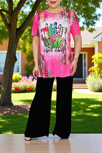 Women's t-shirt wholesale "DESERT VIBES" cactus printed short sleeve pink top XCH12443