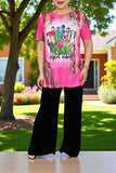 Women's t-shirt wholesale "DESERT VIBES" cactus printed short sleeve pink top XCH12443
