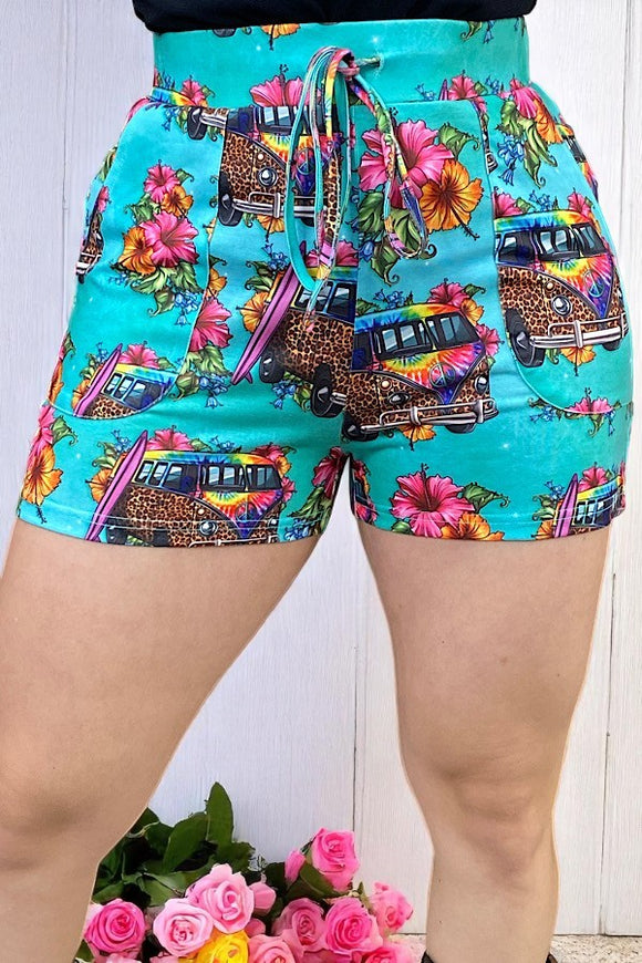 Hippie Truck leopard & floral printed shorts w/ adjustable waist strap XCH12472