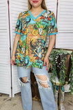 Wholesale women's  t-shirt Turquoise bull skull & Aztec printed short sleeve top XCH12473 (GS8)