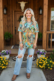 Western women  t-shirt Turquoise bull skull & Aztec printed short sleeve XCH12473 (GS8)
