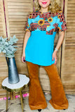 Sunflower &Aztec multi color printed Turquoise short sleeves women tops XCH12481 (GS12)