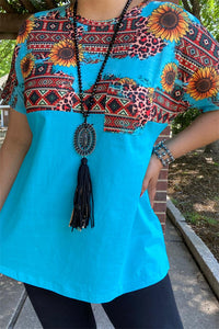 XCH12481 Sunflower &Aztec multi color printed Turquoise short sleeves women tops (GS12)