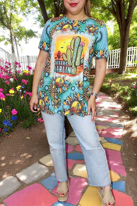 Plus t-shirt wholesale DESERT DARLIN cactus prints w/ short sleeves XCH12491 (GS2)