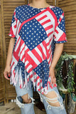 Plus size T-shirt vendors USA flag red stripe & blue star printed w/tassels short sleeve XCH12564