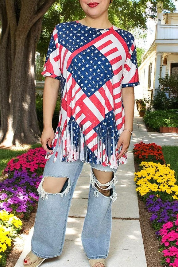 Plus size T-shirt vendors USA flag red stripe & blue star printed w/tassels short sleeve XCH12564