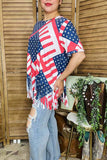 Plus size T-shirt vendors USA flag red stripe & blue star printed w/tassels short sleeve XCH12564
