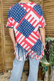 Plus size T-shirt vendors USA flag red stripe & blue star printed w/tassels short sleeve XCH12564