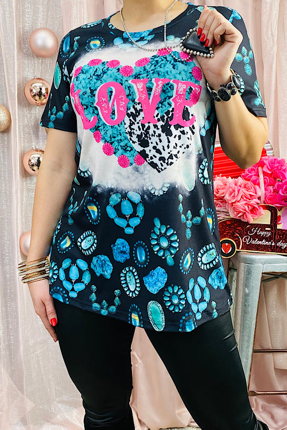 XCH12892 LOVE Black & turquoise jewel printed short sleeve top