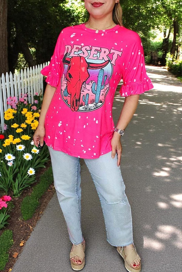 Western women t-shirt suppliers DESERT bull skull printed w/short sleeves XCH12979 (GS8)