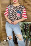 4th July t-shirt wholesale Leopard & stripes short sleeve w/USA flag pocket XCH13012