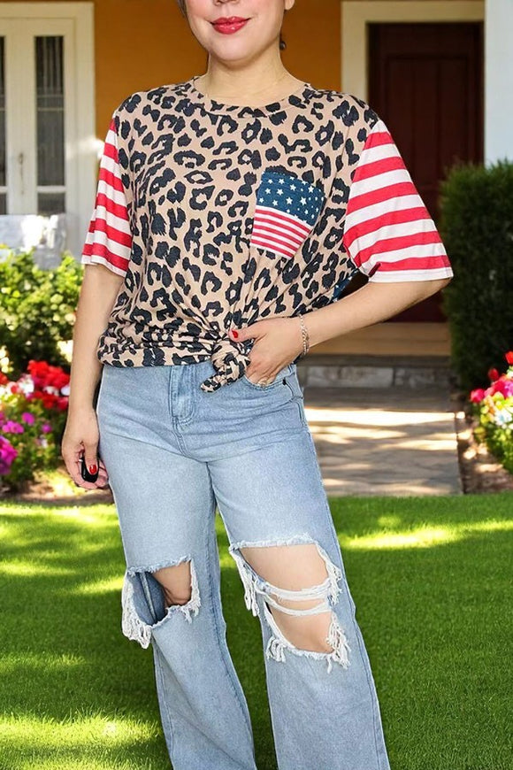 4th July t-shirt wholesale Leopard & stripes short sleeve w/USA flag pocket XCH13012