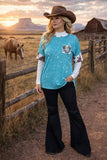 XCH13014 Blue splash bull skull cow printed short sleeve women top (FS3)
