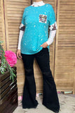 XCH13014 Blue splash bull skull cow printed short sleeve women top (FS3)
