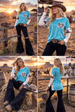 XCH13014 Blue splash bull skull cow printed short sleeve women top (FS3)