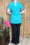 XCH13014 Blue splash bull skull cow printed short sleeve women top (FS3)