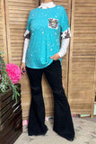 XCH13014 Blue splash bull skull cow printed short sleeve women top (FS3)