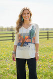 XCH13019 Cactus Western beige 3/4 sleeve v-neck women top GS6