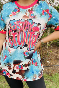 XCH13073 STAY COUNTRY Turquoise & cow printed short sleeve top (GS12)