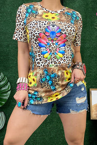 XCH13173 Leopard sunflower & concho printed short sleeve top