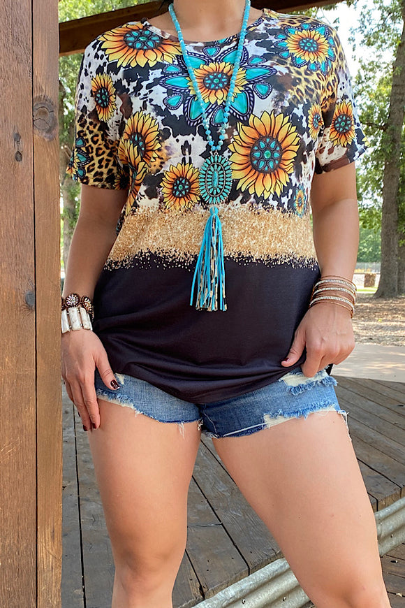 XCH13189 Sunflower & cow turquoise jewel short sleeve top