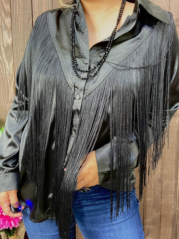 XCH13224 Black long tassels button up long sleeves women blouse