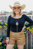 Brown leather & suede women shorts with rhinestone XCH13254