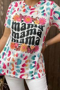 XCH13472 Leopard&Floral multi color printed "MAMA"short sleeves women tops