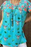 XCH13661S Floral & Bull & Cactus prints short sleeve women top (FS4)