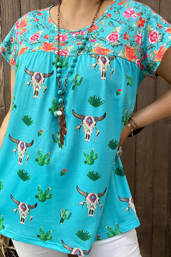 XCH13661S Floral & Bull & Cactus prints short sleeve women top