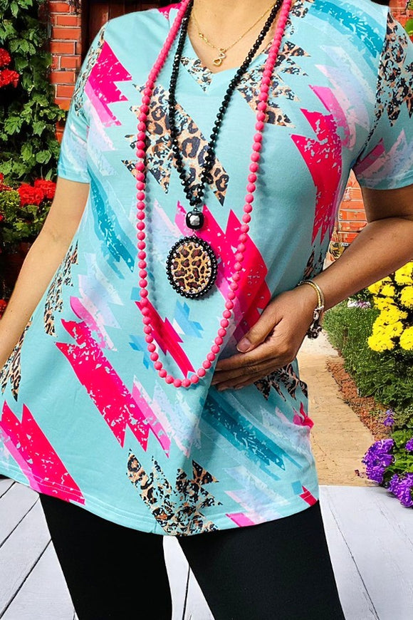 Western women t-shirt suppliers Turquoise printed short sleeve top XCH13682-1 (FS4)