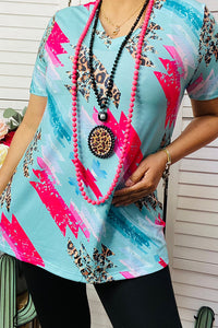 XCH13682-1 Leopard & Pink color block turquoise short sleeve women top