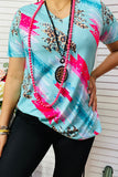 XCH13682-1 Leopard & Pink color block turquoise short sleeve women top
