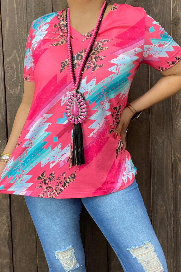 Leopard & Turquoise color block pink short sleeve women tops XCH13682-2