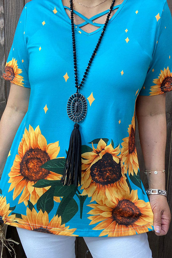 XCH13735 Sunflower/turquoise criss cross short sleeve top