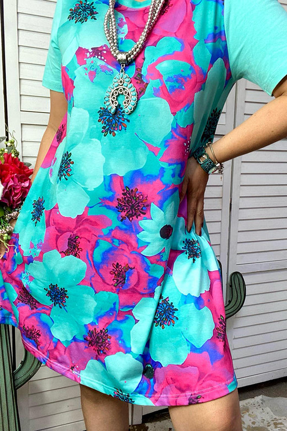 XCH13797 Turquoise & pink floral dress w/pockets