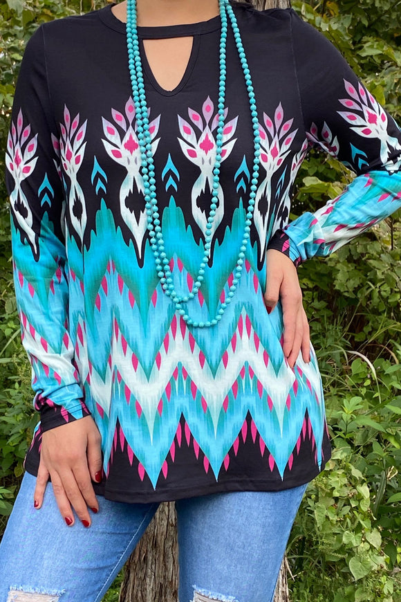 XCH13961 TURQUOISE AZTEC PRINTED BLACK LONG SLEEVE TOP W/KEY HOLE NECKLINE