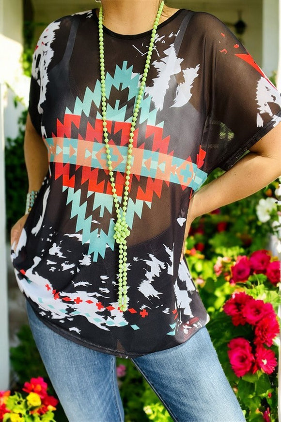 Women's clothing wholesale western Aztec printed black mesh short sleeves top XCH14058 IS12