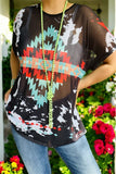 Women's clothing wholesale western Aztec printed black mesh short sleeves top XCH14058 IS12