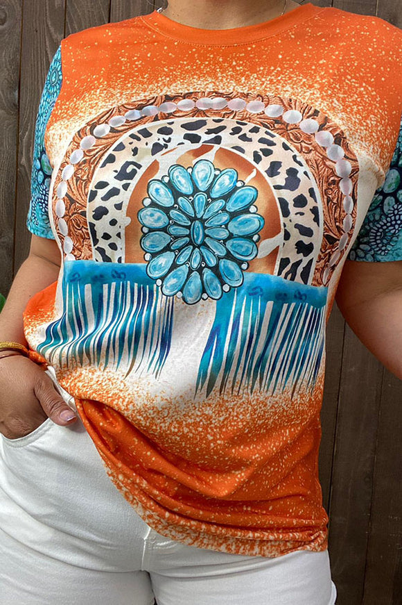 XCH14061 Turqouise jewel & leopard printed orange women t-shirt