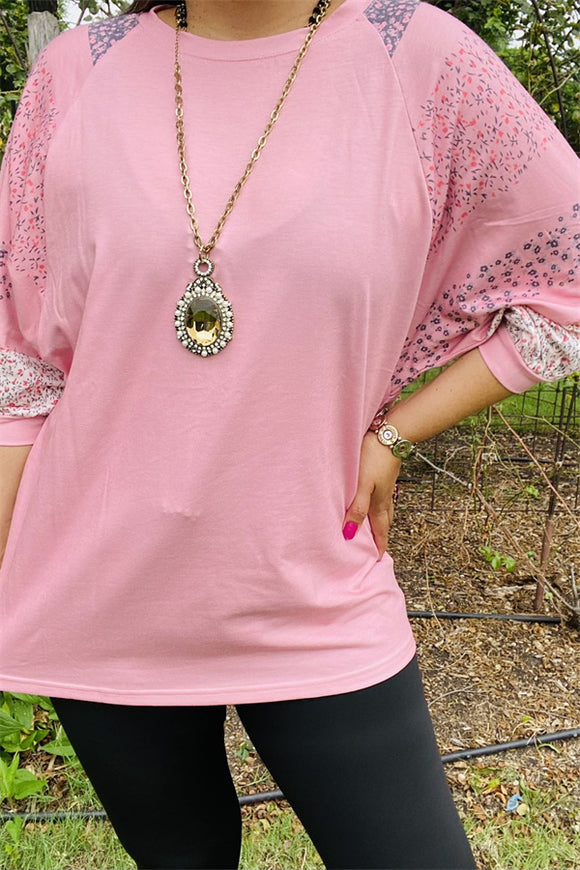 XCH14083 Pink & Floral printed raglan 3/4  batwing sleeves loose women top (GS6)