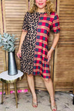 Half leopard & checkered printed short sleeve women dress XCH14124 BS12