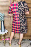Half leopard & checkered printed short sleeve women dress XCH14124 BS12