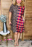 Half leopard & checkered printed short sleeve women dress XCH14124 BS12