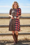 Western half leopard & checkered short sleeve women's boutique dress XCH14124 BS12