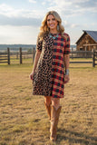Western half leopard & checkered short sleeve women's boutique dress XCH14124 BS12